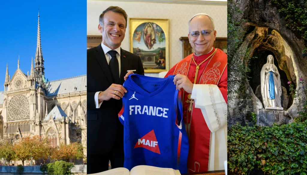 Bildmontage med Notre-Dame, president Emmanuel Macron och påve Leo XIV samt en Mariastaty i Lourdes.