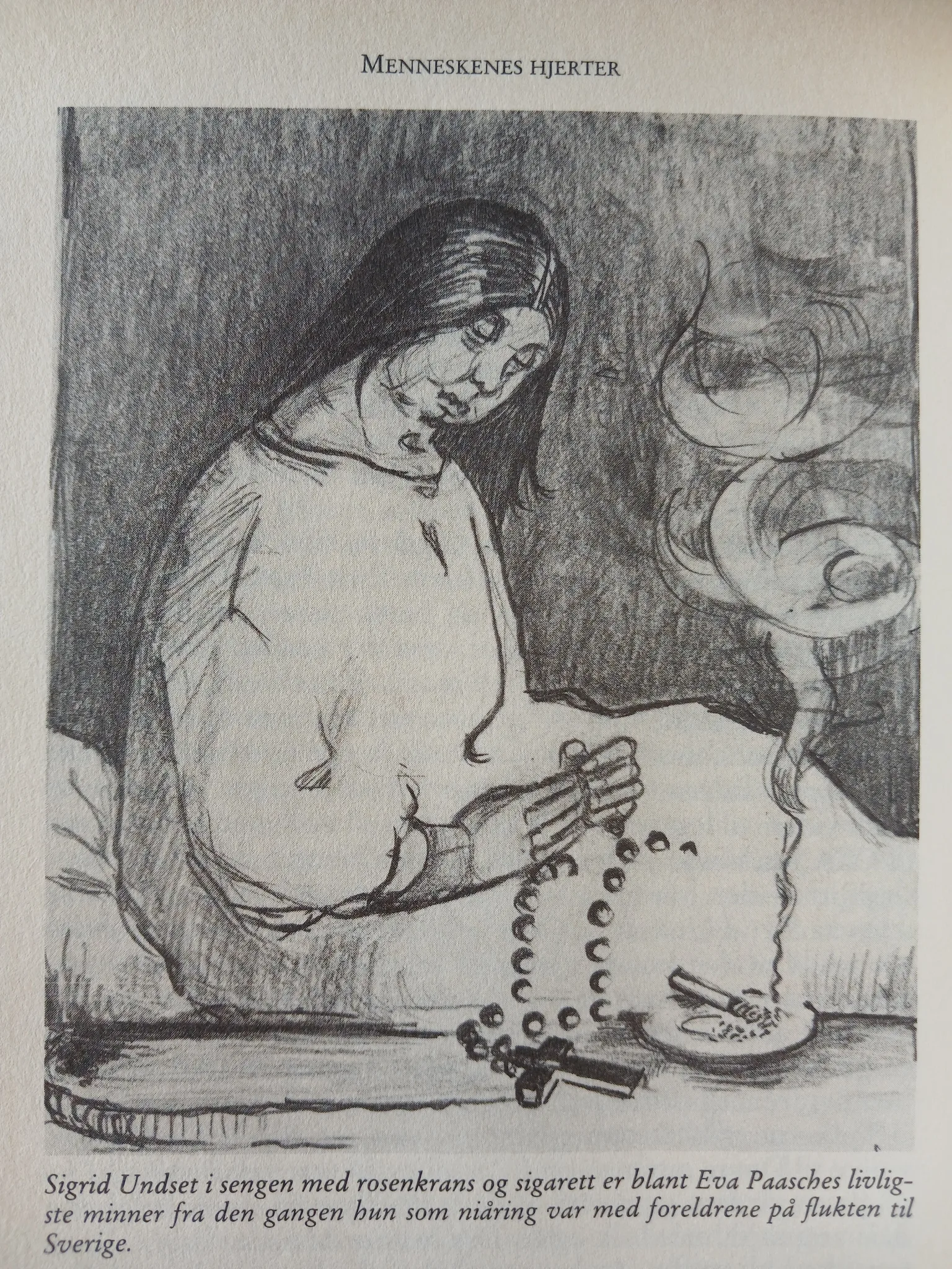 Teckning av Sigrid Undset med en cigarett och en rosenkrans
